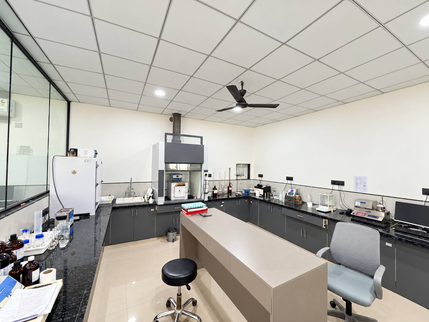Main QC laboratory with balances, muffle furnace and wet chemistry benches